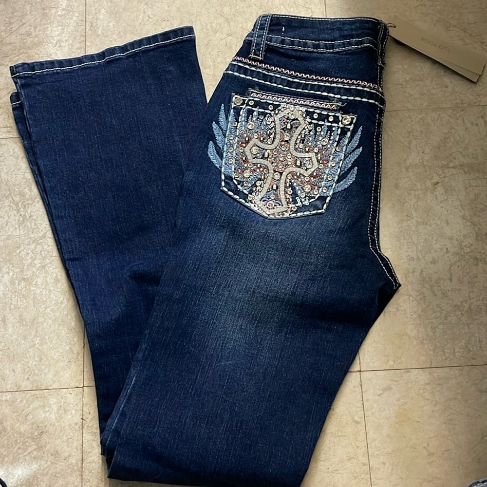 Sexy Couture Rhinestone Cross Pocket Stretch Denim Blue Jeans SZ - Picture 1 of 7